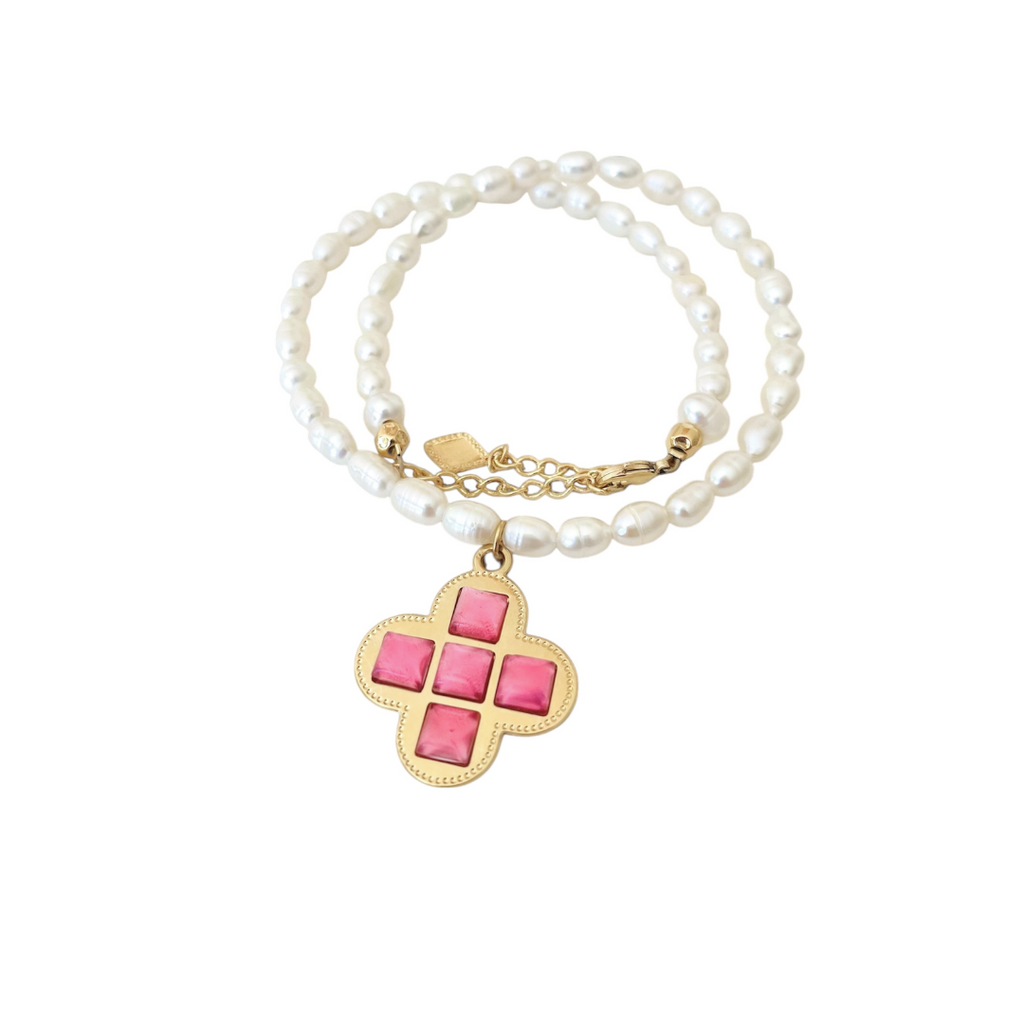 Collier tendance doré l'or fin & ses perles framboises
