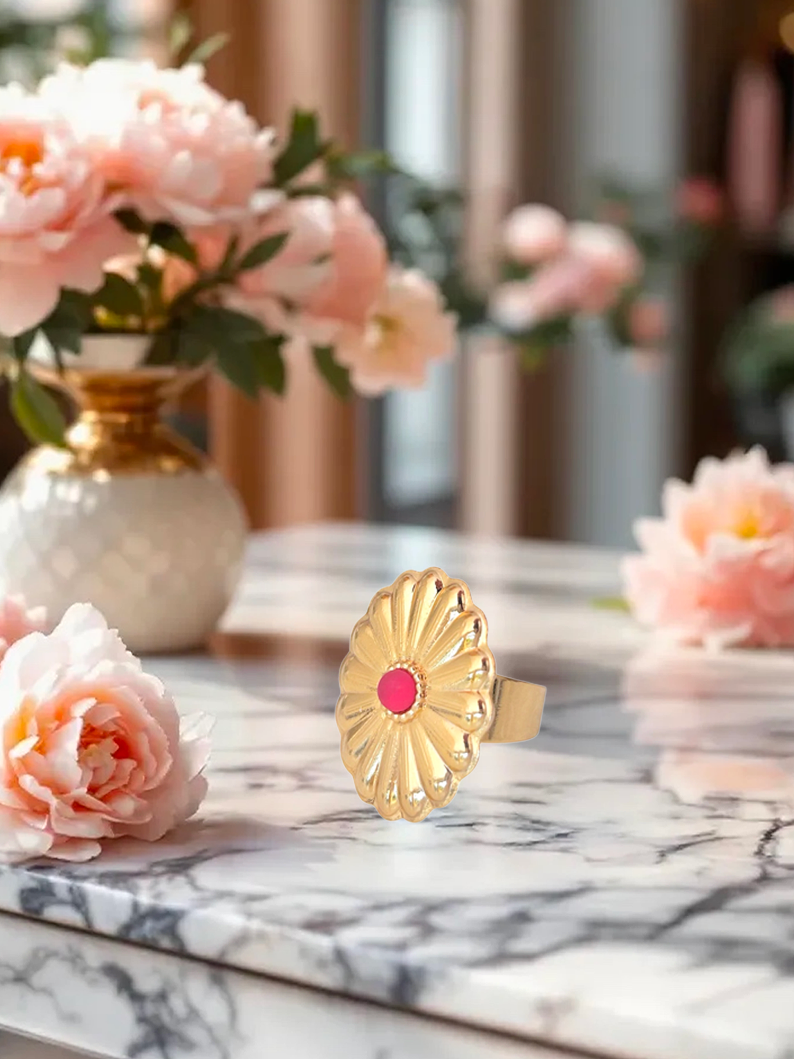 Bague femme & sa perle framboise lumineuse